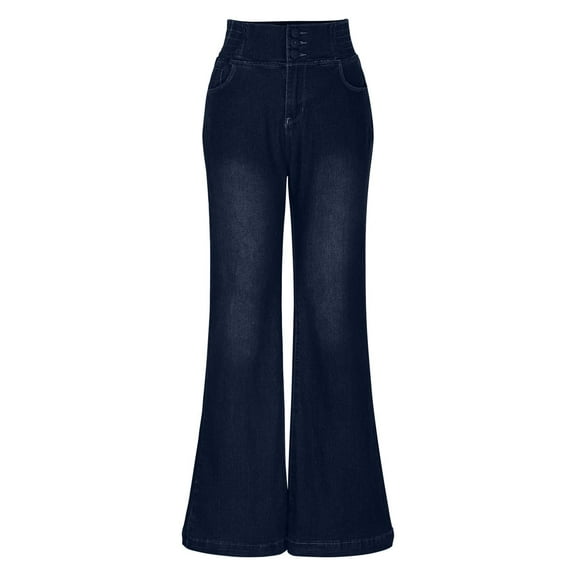 ladies Stretch Jeans Women's Wide Leg Flare Jeans, High Waisted Stretchy Boot Cut Long Denim Elastic Pants with Pockets Dark Blue XL