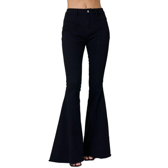 ladies Wide Leg Jeans Womens Stretchy Flare Jeans Mid Waisted Frayed Hems Long Denim Trousers Casual Streetwear Jean Pants Black XL