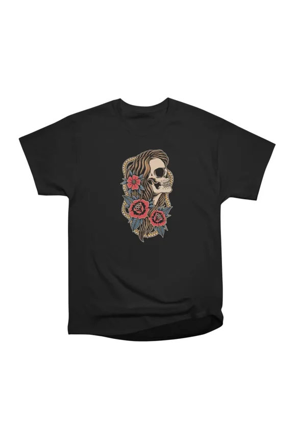 lady skull with rose T-Shirt Tee Gift For Him Merch For Her Apparel For Friend