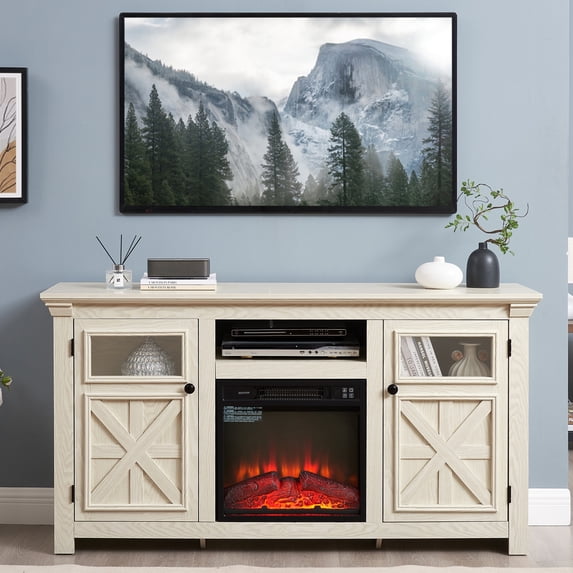 laibo Fireplace TV Stand for 65 Inch TV, Modern Farmhouse Rustic TV Cabinet with 18'' Electric Fireplace, Entertainment Center Television Console Table with Glass Barn Doors for Living Room, Gray