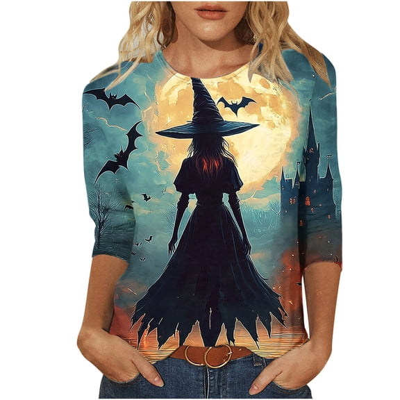 laiqvcdr Halloween T-shirts for Women Printed Pullover Blouse 3/4 Sleeve Crewneck Knit Top Soft Stretchy Fall Casual Tee Shirt Loose Fit Fashion Tunic Tops