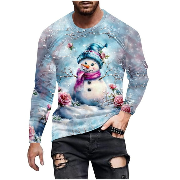 laiqvcdr Men's Christmas Printed Pullover T-Shirts Long Sleeve Round Neck Casual Fun Graphic Tee Blouse Loose Fit Cotton Top