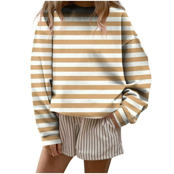 laiqvcdr Sweatshirt for Women Striped Crewneck T-shirts Long Sleeve Casual Pullover Tops Loose Fit Graphic Print Blouse Comfortable Loungewear Street Style Fashion Top