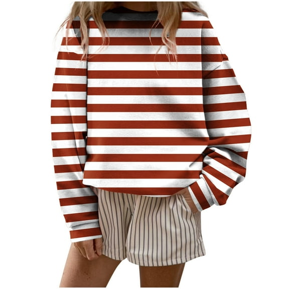 laiqvcdr Sweatshirt for Women Striped Crewneck T-shirts Long Sleeve Casual Pullover Tops Loose Fit Graphic Print Blouse Comfortable Loungewear Street Style Fashion Top