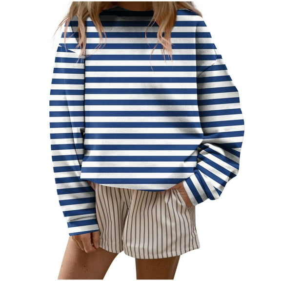 laiqvcdr Sweatshirt for Women Striped Crewneck T-shirts Long Sleeve Casual Pullover Tops Loose Fit Graphic Print Blouse Comfortable Loungewear Street Style Fashion Top