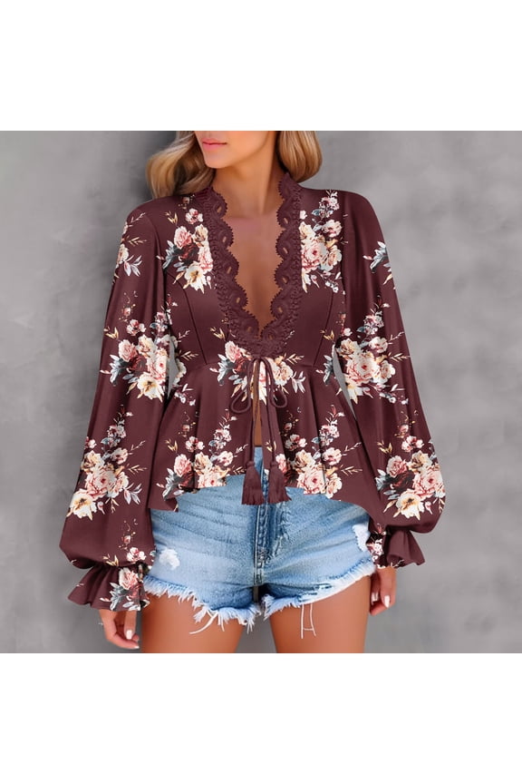 Women's Boho Floral Print Long Sleeve Tops, V Neck with Lace, Ruffle Peplum Blouse Top ,Wine,Womens Plus M