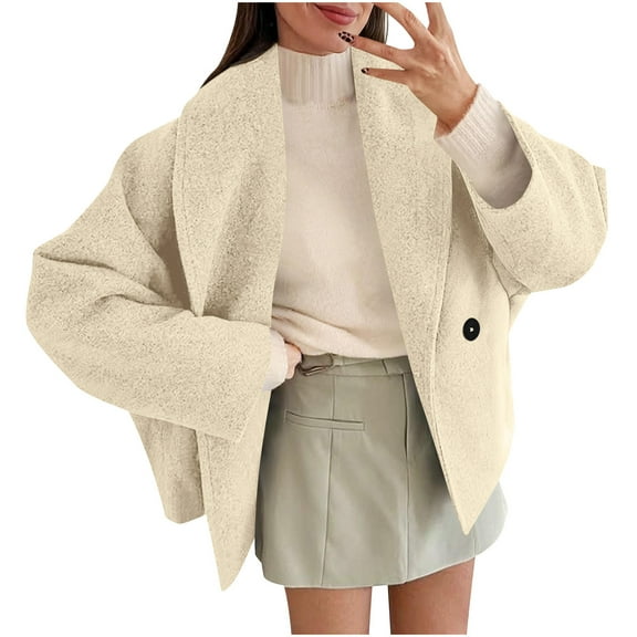 Yghzkop Women's Cropped Pea Coat Oversized Tweed Jacket Notch Lapel Double Breasted Button Short Wool Blend Blazer with Pockets Elegant Warm Winter Outerwear for Women