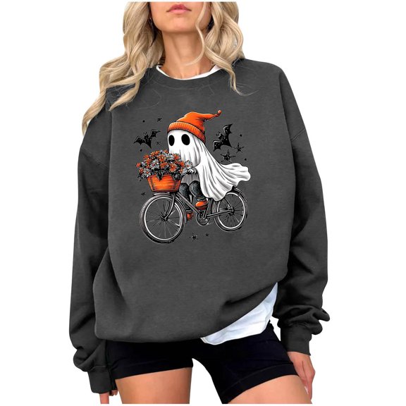 laiqvcdr Women's Halloween Printed Crewneck Sweatshirts Long Sleeve Graphic Pullover Top Loose Fit Soft Fleece Blouse Casual Fall Holiday Streetwear Fashion
