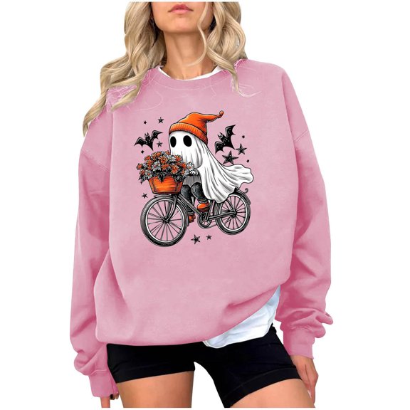 laiqvcdr Women's Halloween Printed Crewneck Sweatshirts Long Sleeve Graphic Pullover Top Loose Fit Soft Fleece Blouse Casual Fall Holiday Streetwear Fashion