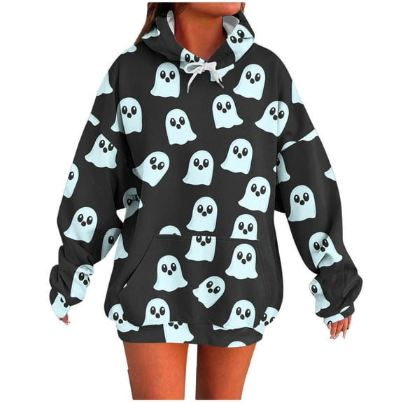 laiqvcdr Women's Halloween Printed Pullover Hoodies Long Sleeve Graphic Sweatshirt with Pocket Oversized Fleece Top Casual Warm Fall Winter Streetwear