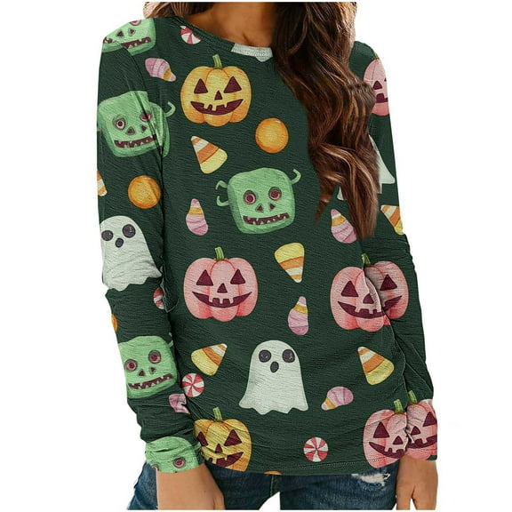 laiqvcdr Women's Halloween T-Shirts Graphic Long Sleeve Round Neck Loose Fit Casual Pullover Top Crewneck Sweatshirt Fall Holiday Party Streetwear Tees