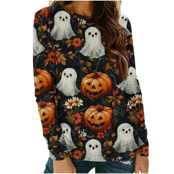 laiqvcdr Women's Halloween T-Shirts Graphic Long Sleeve Round Neck Loose Fit Casual Pullover Top Crewneck Sweatshirt Fall Holiday Party Streetwear Tees
