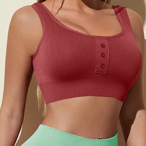 laiqvcdr Women's Seamless Wireless Sports Bras,Solid Color Ribbed Nylon Full Coverage Bralette with Decorative Front Buttons, Padded Lift Support and Standard Straps