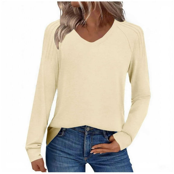 laiqvcdr Women's Shirts V Neck Long Sleeve Blouse Solid Color Loose Fit Pullover Top Soft Stretch Casual T-Shirt Basic Tunic Top for Fall Winter Layering
