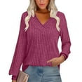 thumbnail image 1 of laiqvcdr Womens Long Sleeve Sweaters，Casual V Neck Lightweight Knit Sweater Tops, Trendy Outfits Tunic Sweaters,Hot Pink,Womens Plus XL, 1 of 8