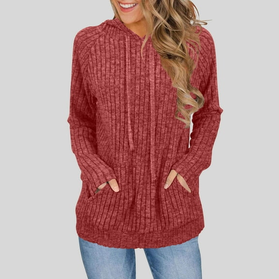 laiqvcdr Womens Sweaters, Women's Long Sleeve Knitted Sweater with Pocket, Drawstring Hoodie for Women,Watermelon Red,Womens Plus XL