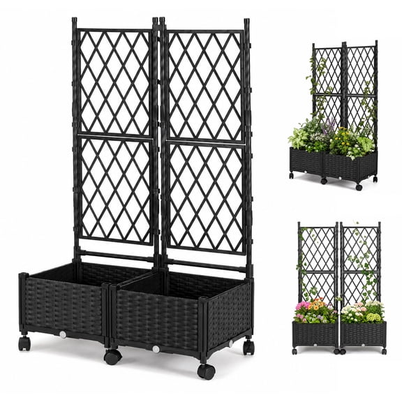 lalahoni 2 Pack Planter Box with Trellis Outdoor Rattan Planter with Wheels and Coated Iron Frame for Patio Backyard Balcony Garden