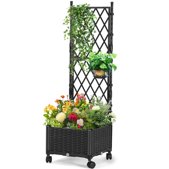 lalahoni Planter Box with Trellis 1 Pack PE Rattan Planter with Plastic Coated Iron Pipe and Lockable Wheels for Outdoor Patio Backyard Balcony