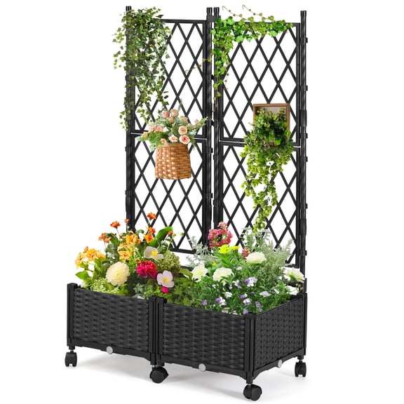 lalahoni Planter Box with Trellis 2 Pack PE Rattan Planter with Plastic Coated Iron Pipe and Lockable Wheels for Outdoor Patio Backyard Balcony