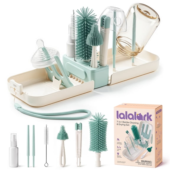 lalalark 7-in-1 Foldable Baby Bottle Brush Set – BPA Free Silicone Travel Cleaning Kit with Storage Case, Compact for Home & Portable Use, Green