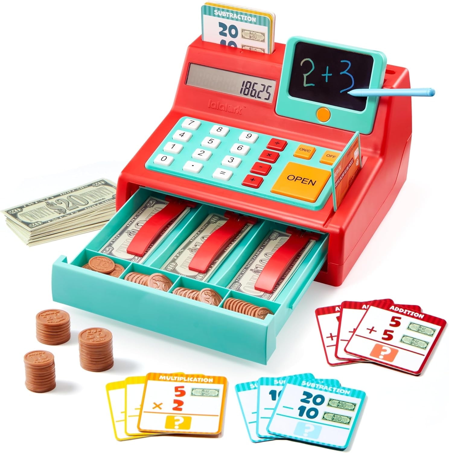 Cash Store Stuff Math Lalalark 105 Pcs Cash Register Playset, Learning Toy with Sound, Write ...