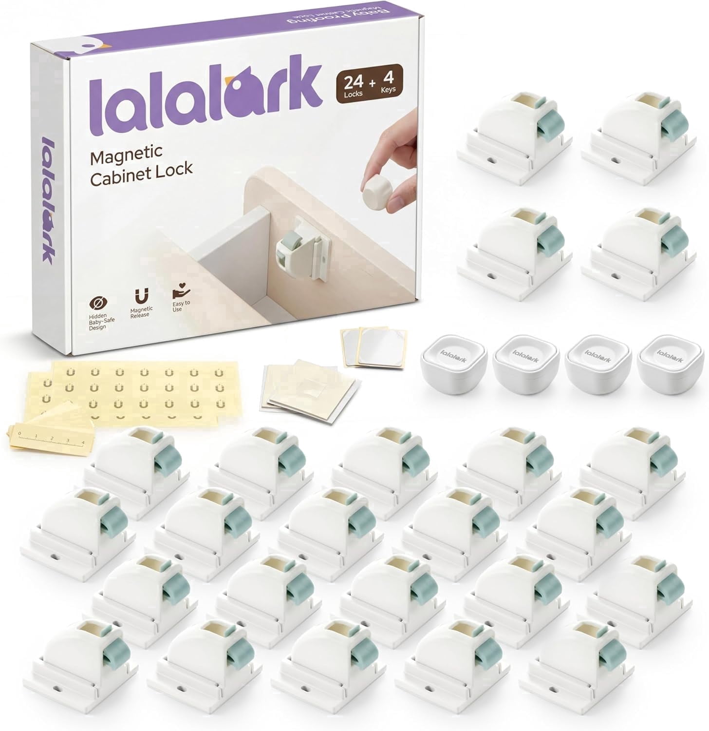 Lalalark 24 Pack Magnetic Cabinet Locks with 4 Keys, Adhesive Child Proof Latches for Baby Safety, Easy Installation No Tools Required for Cabinets, Drawers, and Doors