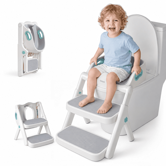 lalalark Potty Training Seat, 2-in-1 Toddler Toilet Seat with Steps, Upgrade Potty Step Stool for Toddler with Anti-Slip Pad Step Stool, Extended Splash Guard, Green