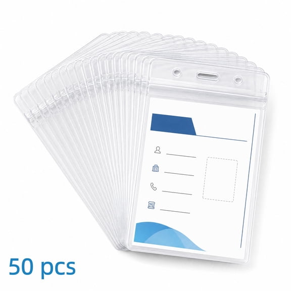 lamgoa 50 Pack Clear ID Card Holder, Waterproof Vertical Badge Sleeve, 98x150mm PVC Lanyard Pouch for Work ID, School, and Exhibitions, Clear Plastic Protector for Name Tags