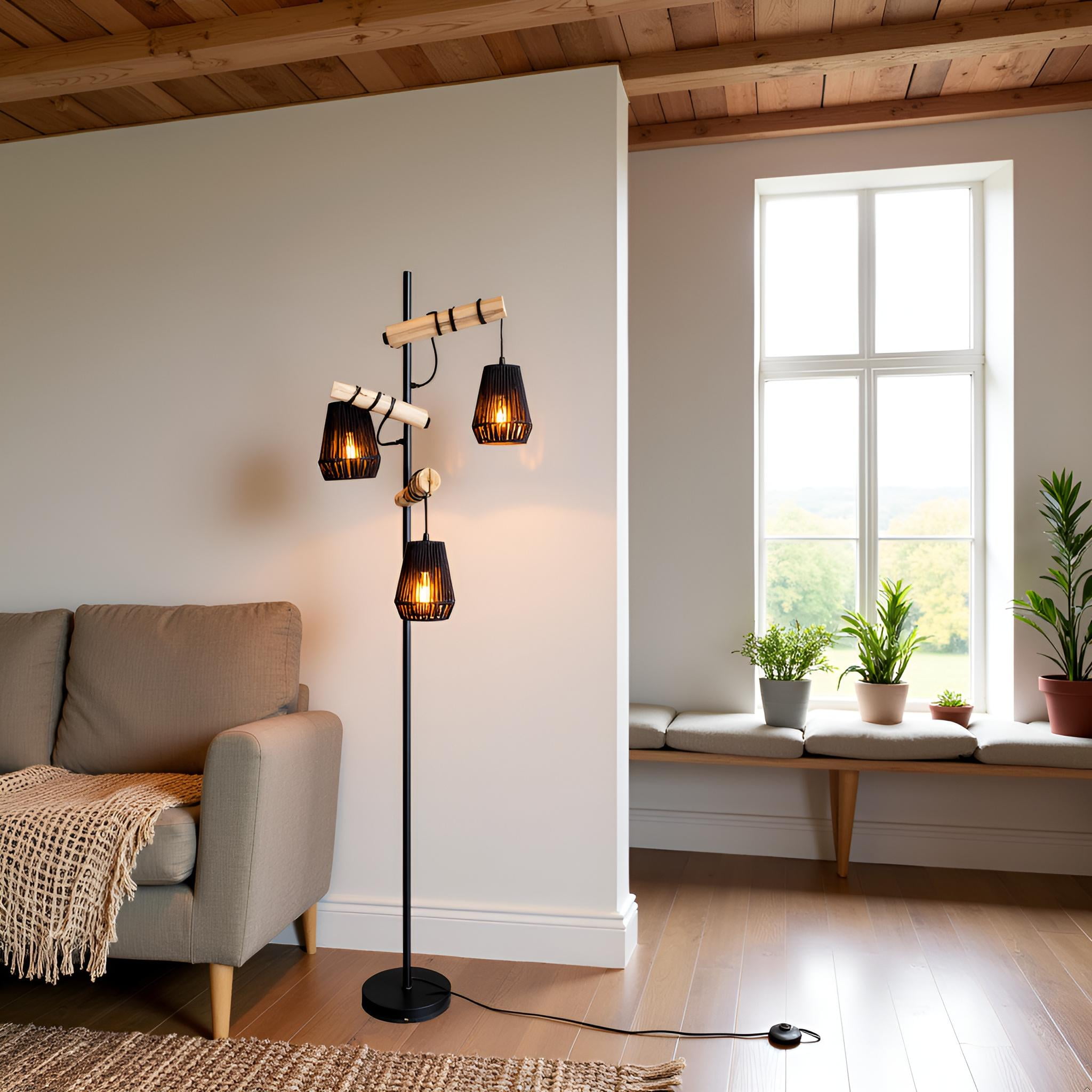 Floor Lamp 3 light,Handmade Boho  Shades Boho Wooden Standing Lamps  Farmhouse floor lamps for living room