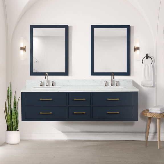 lan Home & Decor 72" Blue Bathroom Vanity Carrara Marble Top, Wood Frame, Chrome Faucet & Cabinet Included, Soft Close