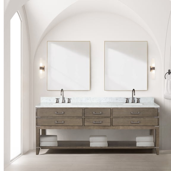 lan Home & Decor 84" Double Bath Vanity Grey Wood, Carrara Marble Top & 36" Mirrors, 4 Drawers, Soft Close, Storage Cabinet