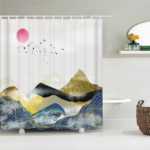 landscape Fabric Shower Curtain Bathroom Curtains 3D Printing Japanese Scenery Bath Screen Waterproof Polyester with 12