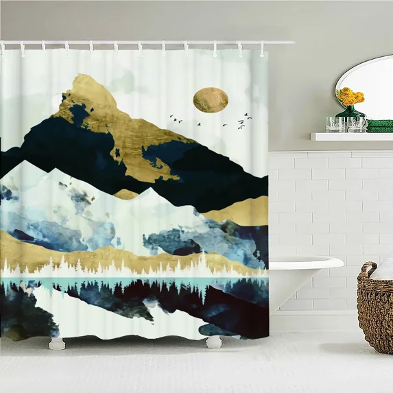 landscape Shower Curtains Bathroom Curtain Japanese Style Sunset Mountain Forest Scenery Waterproof Bath Curtain with