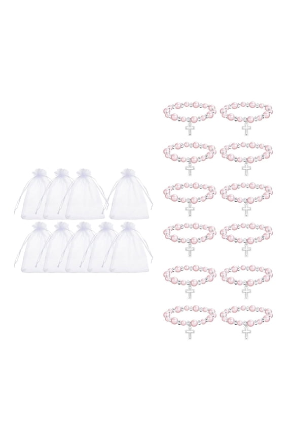 12 Pack Hollow Crucifix Pearls Beads Bracelets with Bags Party Gift For Women Girls Baptism Ceremony Accessories