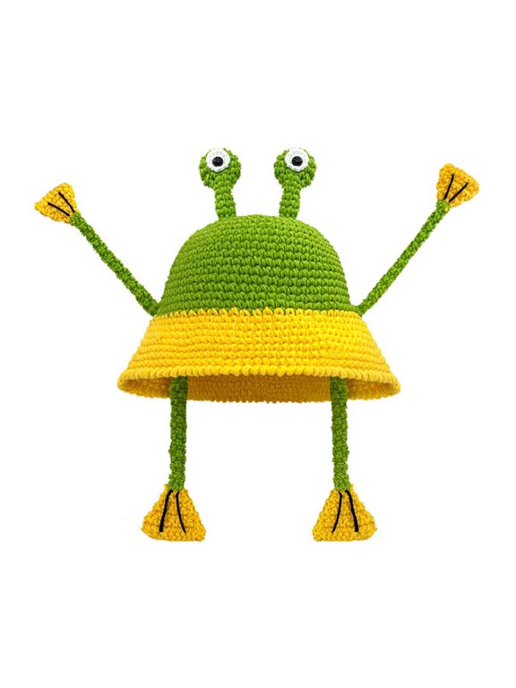 1x Handmade Fisherman Hat Handwoven Frogs Crocheted Hat with Feet Cartoon