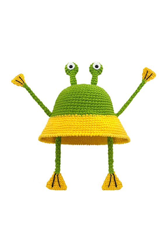 1x Handmade Fisherman Hat Handwoven Frogs Crocheted Hat with Feet Cartoon