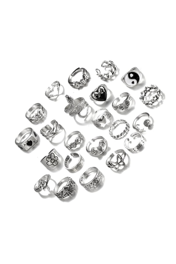 24Pcs Retro Aesthetic Silver Rings Set with Unique Gothic Designs Like Skull and Heart for Daily Wear Dates Parties
