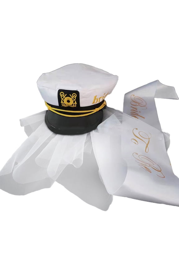 2pcs Handmade Women Bride Captain Hat Bridal Shoulder Strap Navy Shinning White Fedora Hat with White Color Yarn Veil