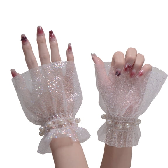 lanema 2pcs White Lace and Pearls Fingerless Oversleeves Fashionable Elegant Sleeves for Special Occasion