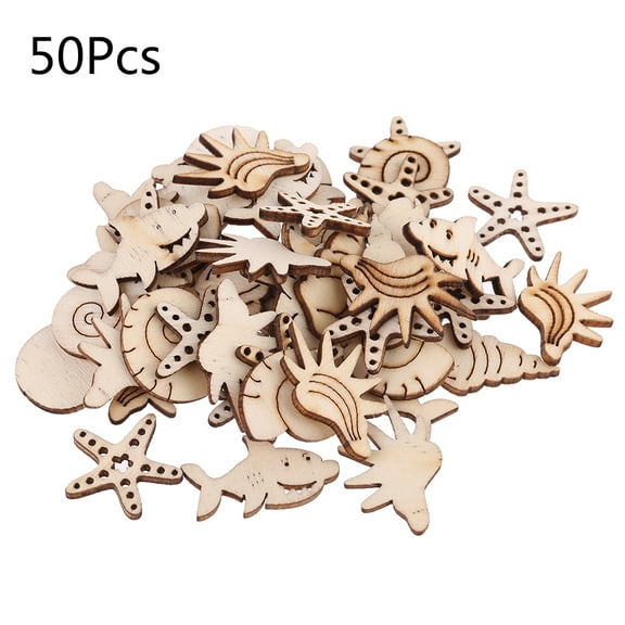 lanema 50 Pcs/Set Ocean Sea Craft Cutouts Kit Unfinished Natural Wooden Slices for Farmhouse Decoration DIY Accessories