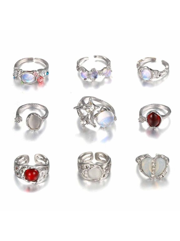 9PCS Elegant Moonstone Rings Collection for Women and Teens Irregular Gemstones Opening Rings Unique Jewelry