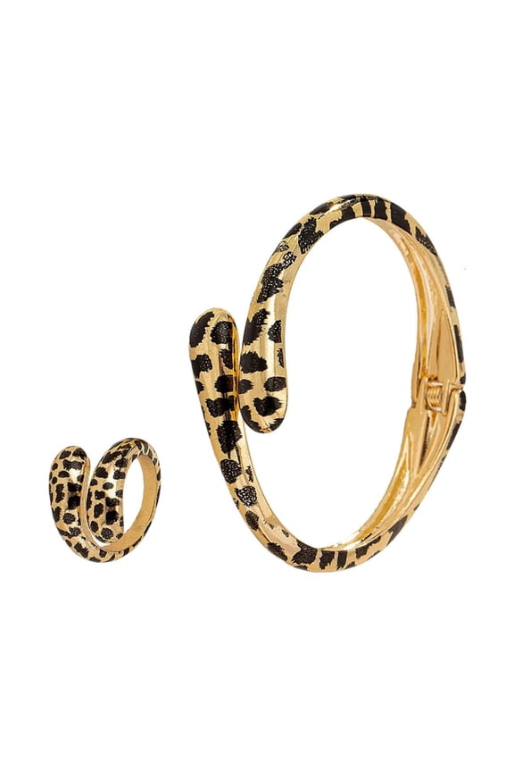 Alloy Leopard Pattern Jewelry Set Adjustable Opening Bangle and Rings for Women Fashionable Animal Print Accessories