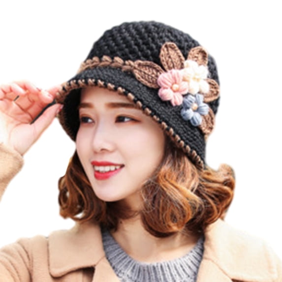 lanema Autumn Travel Crochet Bucket Hat Ladies Commute Camping Taking Photo Fisherman Hat with Flower Pattern for Girlfriend