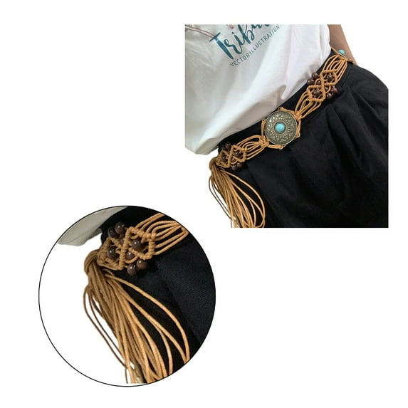 lanema Braided Women Waist Belt Wide Bohemian Handmade Belts Beads Decors Waist Belt
