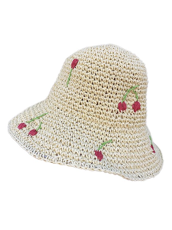 Cherry Decor Wide Brim Summer Bucket Hat Crochet Cherry Fisherman Hats for Women Skin-friendly Hats Large Brim Cap