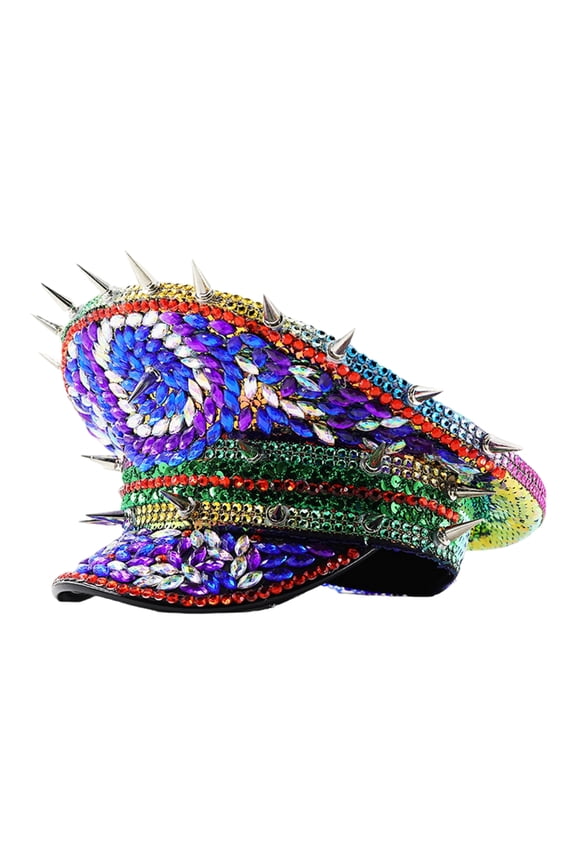 Colorful Flat Hat for Lady Wedding Bride Shimmering Marine Hat with Rivet Studded Birthday Party Captain Hat for Club