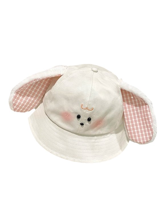 Comfortable Floppy Sun Hat Plush Rabbit Ears Embroidery Fisherman Hat for Women