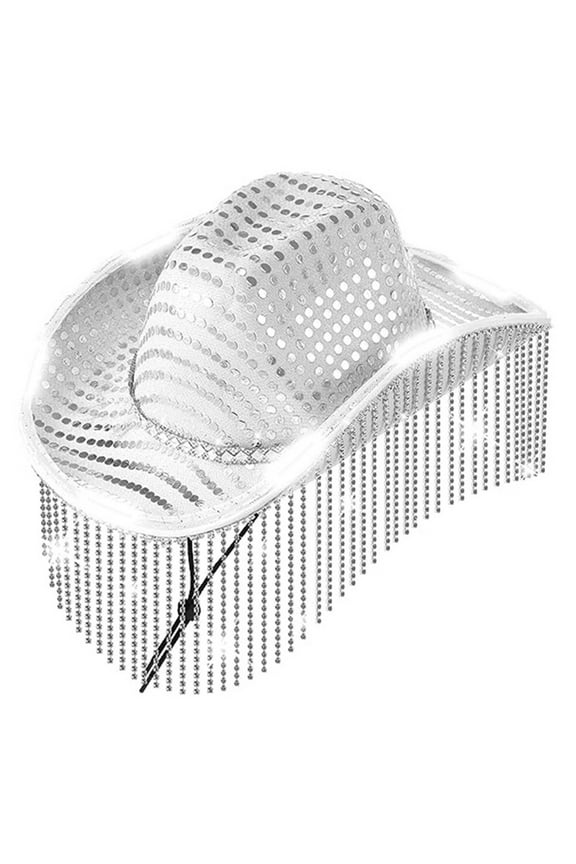 Cowboy Hat with Sequins Glowing Tassels Shining String lights for Party