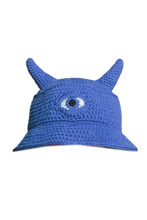 Cute Knit Bucket Hats Warm Winter Cap Devil Horns Single Eye Designs Headwear
