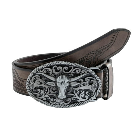 lanema Ethnic Bull Buckle PU Belt for Men Women Vintage Wide Belts Engraved Cowboy Belt